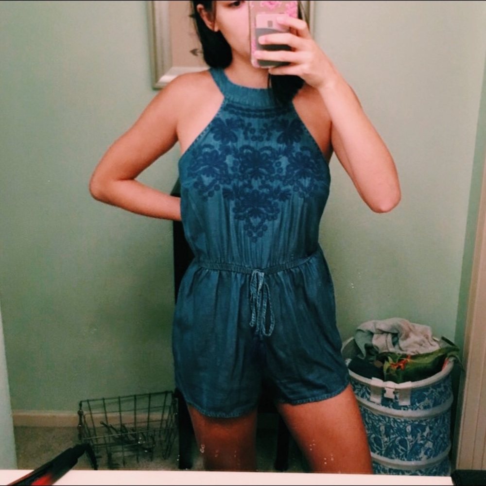 Denim Romper with Embroidered Bodice